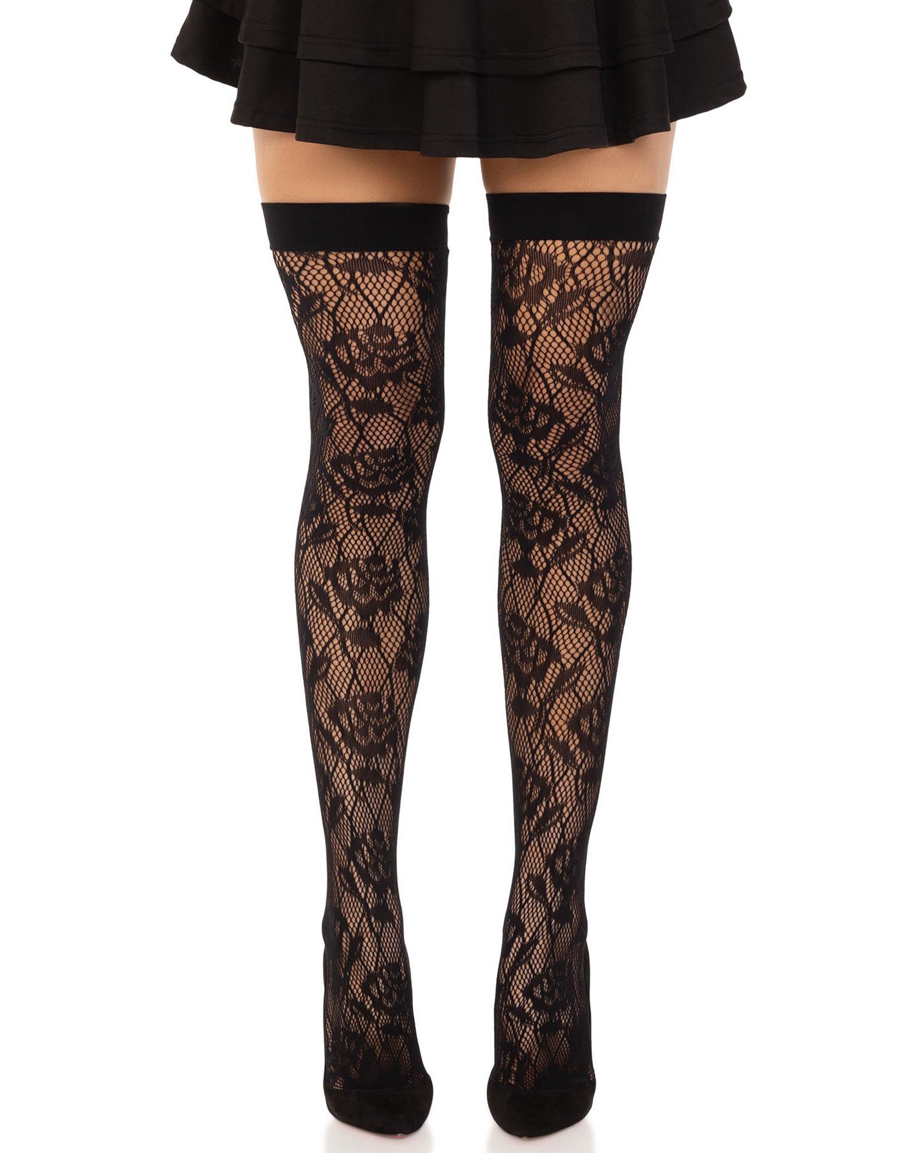 Leg Avenue 6216 Wild Rose Net Thigh Highs - Black openwork thigh high socks with a floral pattern and deep elasticated cuff. Can be worn with a suspender belt / leg garters.