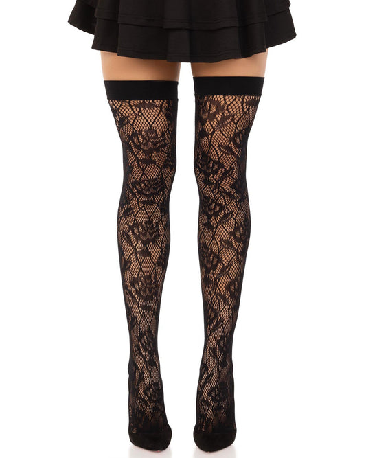 Leg Avenue 6216 Wild Rose Net Thigh Highs - Black openwork thigh high socks with a floral pattern and deep elasticated cuff. Can be worn with a suspender belt / leg garters.