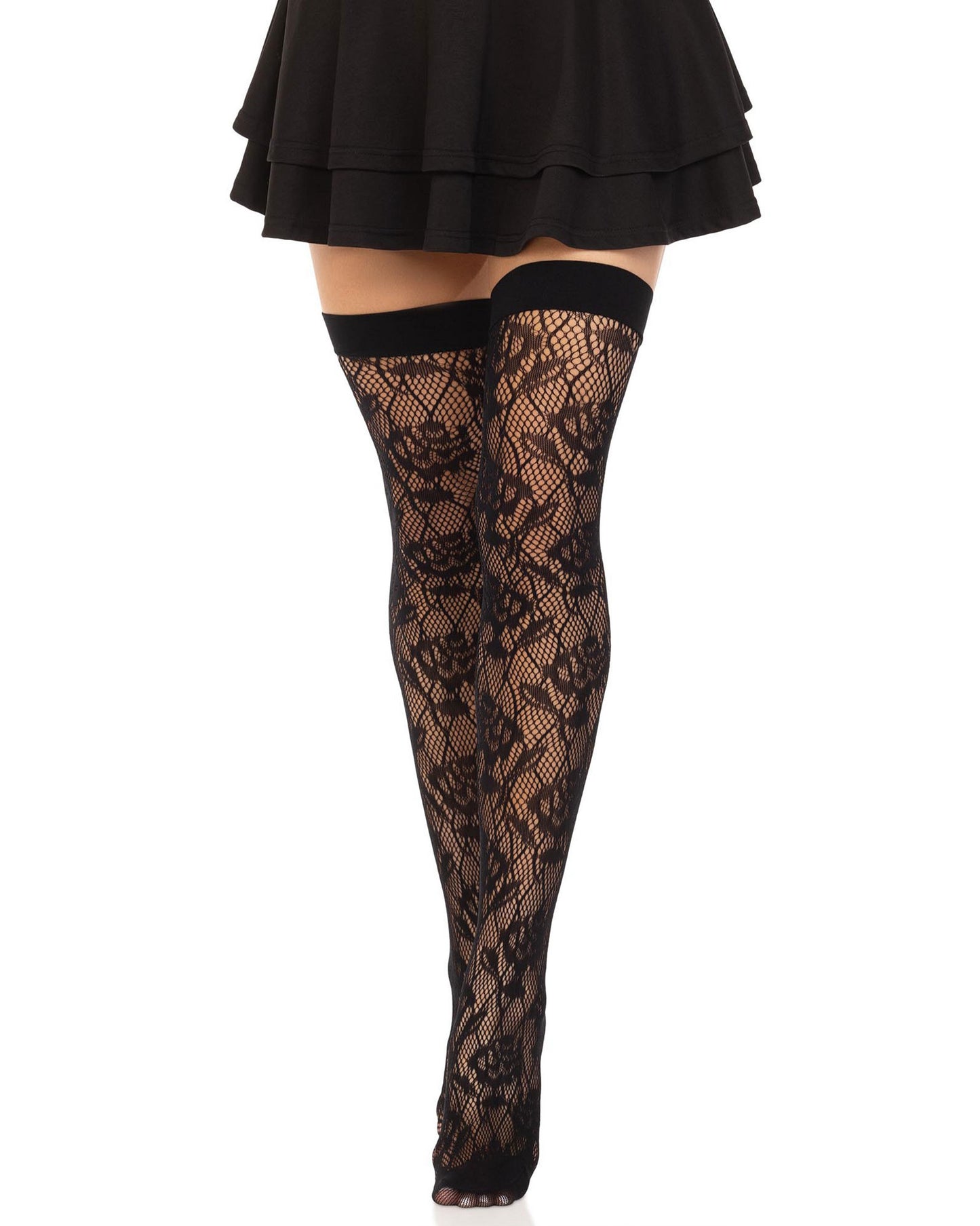 Leg Avenue 6216 Wild Rose Net Thigh Highs - Black openwork thigh high socks with a floral pattern and deep elasticated cuff. Worn with a black ra-ra skirt.