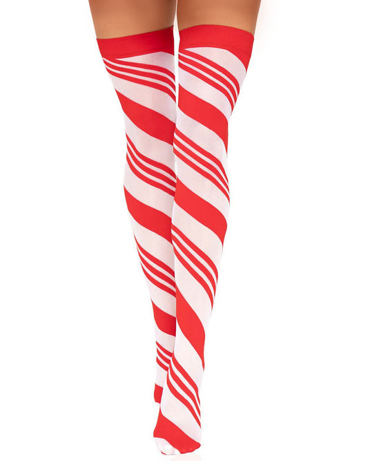 Leg Avenue 6628 Candy Cane Stockings - White opaque thigh high socks with a swirling candy cane style stripe wrapping diagonal around the leg with a plain red elasticated cuff.