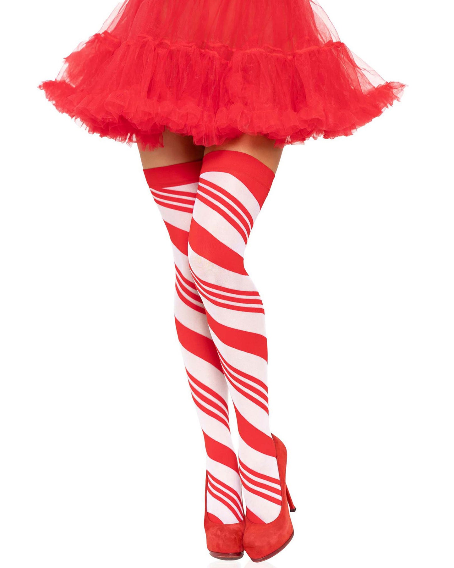 Leg Avenue 6628 Candy Cane Stockings - White opaque thigh high socks with a swirling candy cane style stripe wrapping diagonal around the leg with a plain red elasticated cuff. Worn with red high heel stilettos and red frilly tulle tut-tut skirt