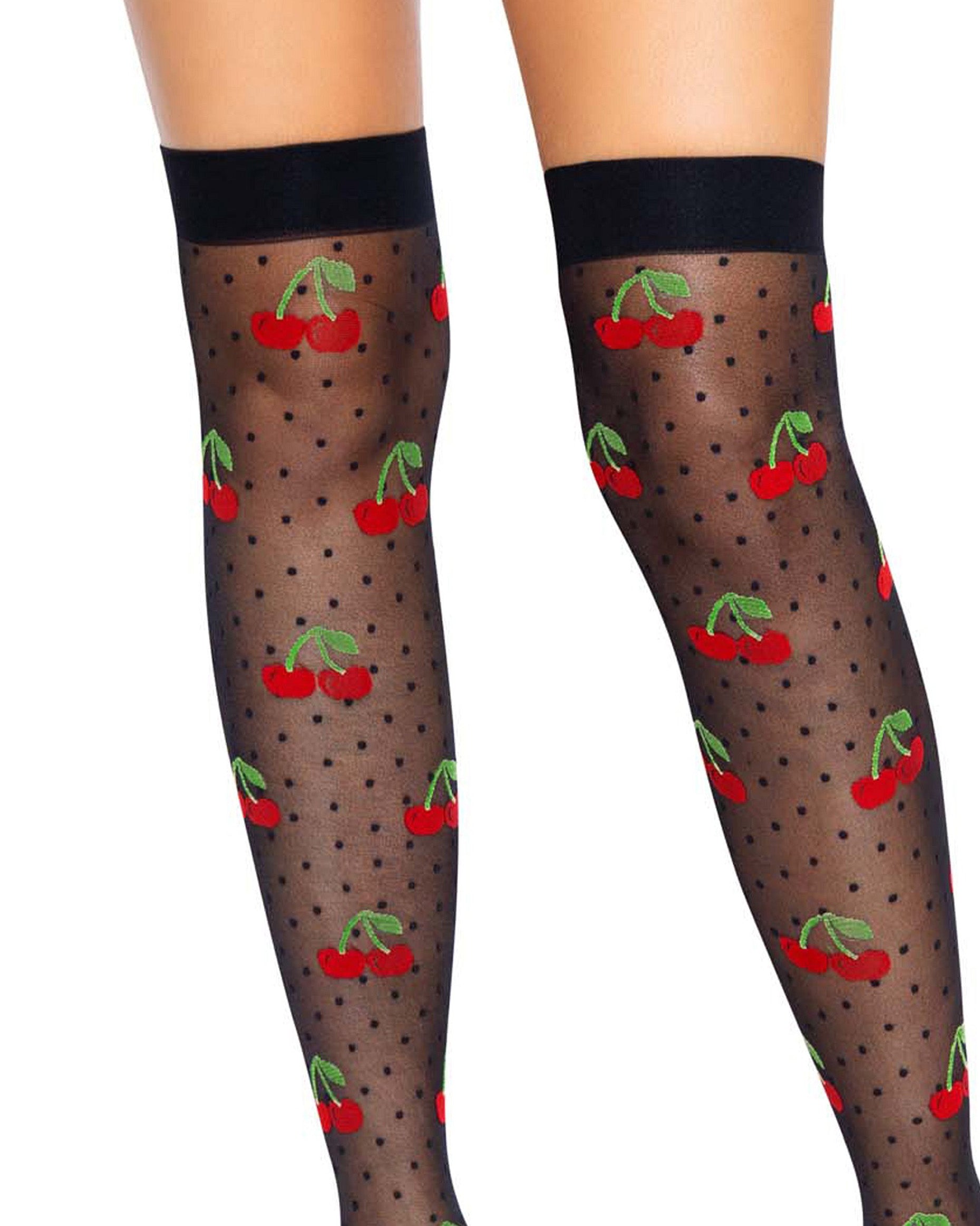 Leg Avenue 6638 Cherry Polka Dot Thigh Highs - Sheer black thigh high socks / stockings with a small spot and red cherries with green leaves and stems pattern and plain elasticated cuff.