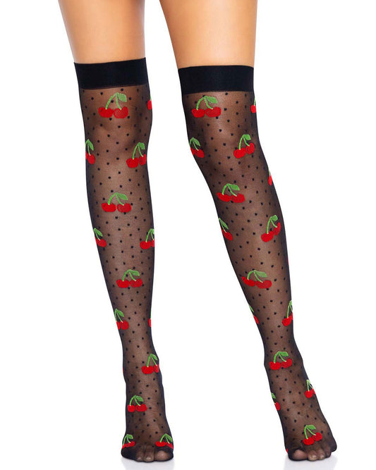 Leg Avenue 6638 Cherry Polka Dot Thigh Highs - Sheer black thigh high socks / stockings with a small spot and red cherries with green leaves and stems pattern and plain elasticated cuff.