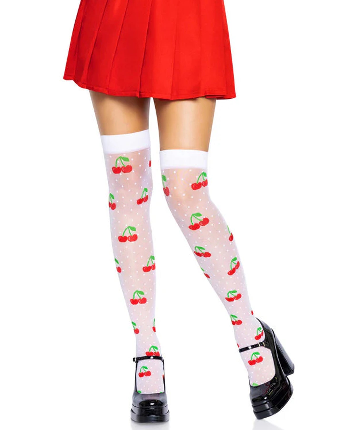 Leg Avenue 6638 Cherry Polka Dot Thigh Highs - Sheer white thigh high socks / stockings with a small spot and red cherries with green leaves and stems pattern and plain elasticated cuff. Worn with a red pleated skirt and patent black mary jane shoes.