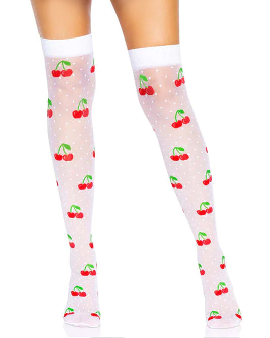 Leg Avenue 6638 Cherry Polka Dot Thigh Highs - Sheer white thigh high socks / stockings with a small spot and red cherries with green leaves and stems pattern and plain elasticated cuff.