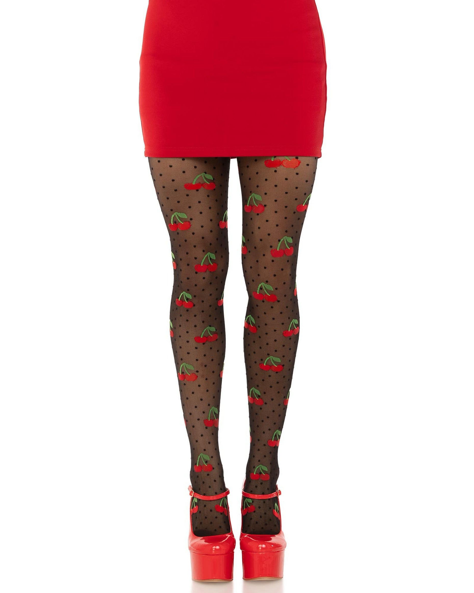 Leg Avenue Polka Dot Cherry Tights - Sheer black fashion tights with a small black polka dot and red cherry with green leaves and stem pattern. Worn with red mini skirt and red high heeled mary janes.