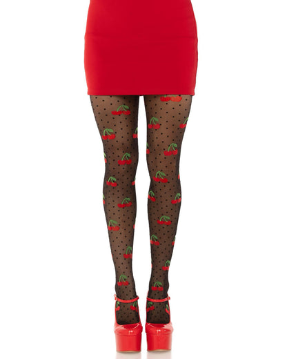 Leg Avenue Polka Dot Cherry Tights - Sheer black fashion tights with a small black polka dot and red cherry with green leaves and stem pattern. Worn with red mini skirt and red high heeled mary janes.