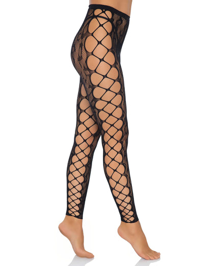 Leg Avenue Leopard Net Footless Tights - Black openwork leopard print fishnet footless tights with wide fishnet side panels and open crotch. Side view.