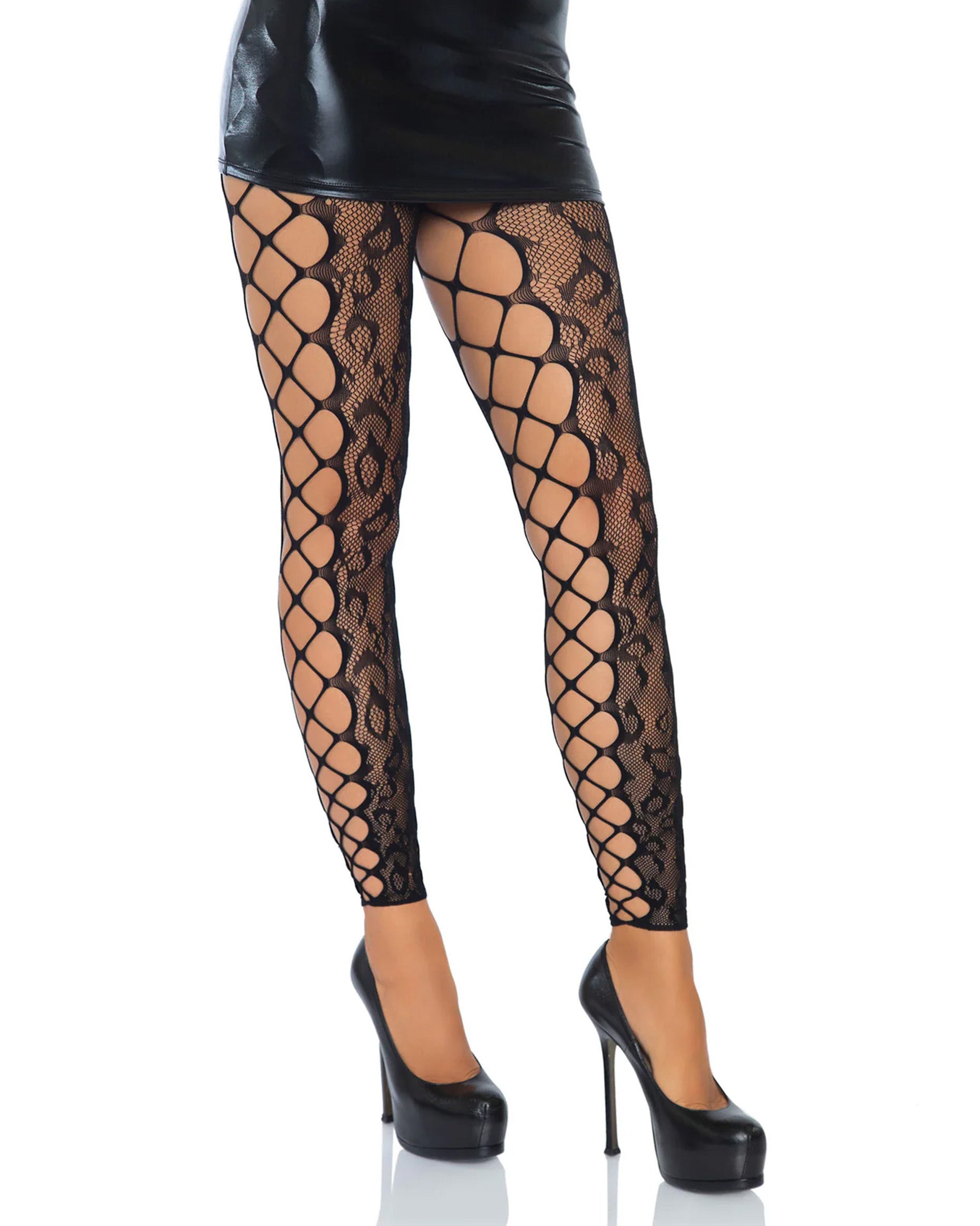 Leg Avenue Leopard Net Footless Tights - Black openwork leopard print fishnet footless tights with wide fishnet side panels and open crotch. Worn with black faux leather mini skirt and stiletto heals.