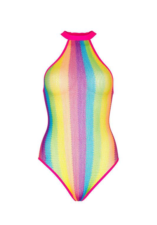 Leg Avenue 81556 Rainbow Halter Bodysuit - Multicoloured rainbow striped sleeveless fishnet body-top with turtle neck and snap fastener closures. Perfect for festivals and gay pride.