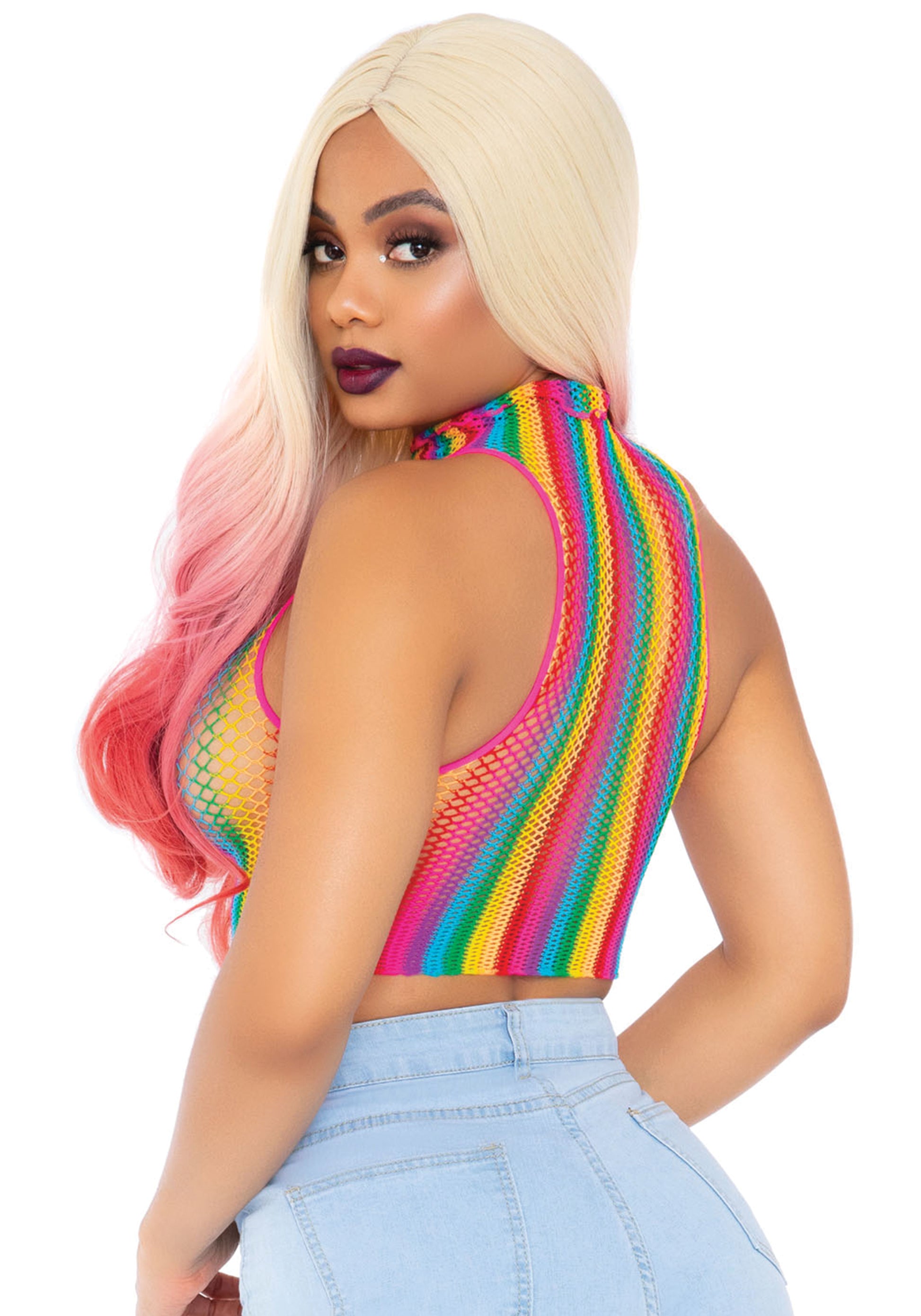 Leg Avenue 81610 Rainbow Net Crop Top - Multicoloured vertical striped high neck fishnet cropped top. Perfect for festivals.