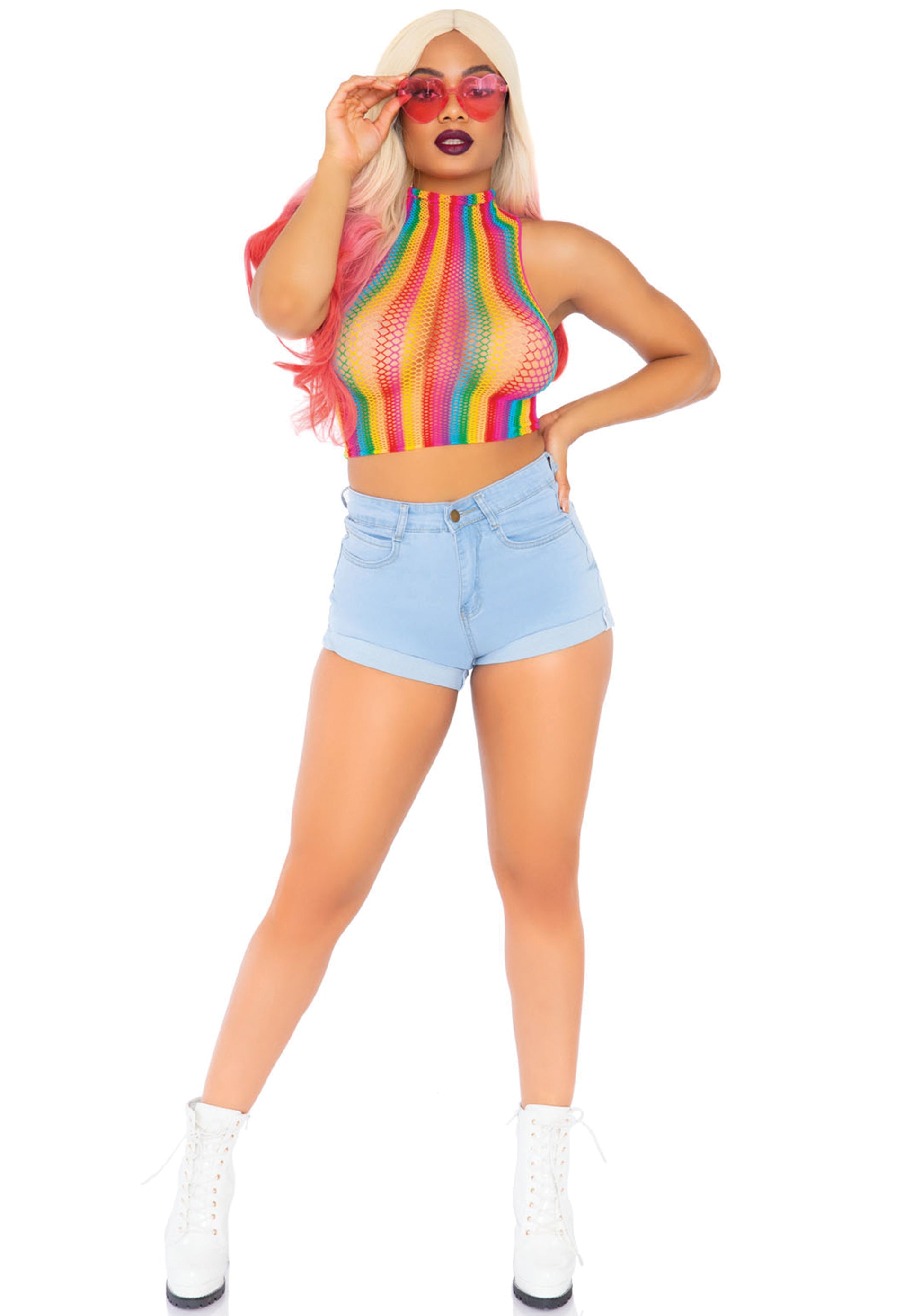 Leg Avenue 81610 Rainbow Net Crop Top - Multicoloured vertical striped high neck fishnet cropped top. Perfect for festivals.