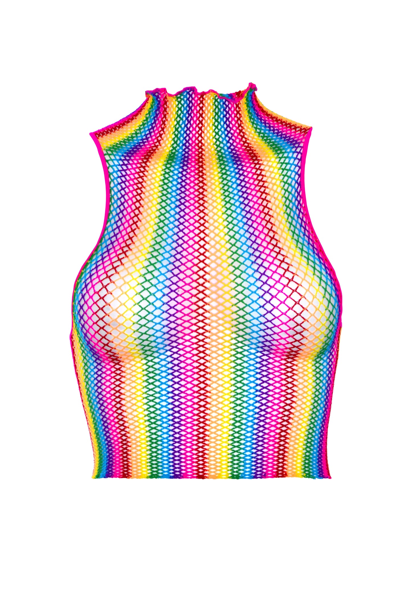 Leg Avenue 81610 Rainbow Net Crop Top - Multicoloured vertical striped high neck fishnet cropped top. Perfect for festivals.