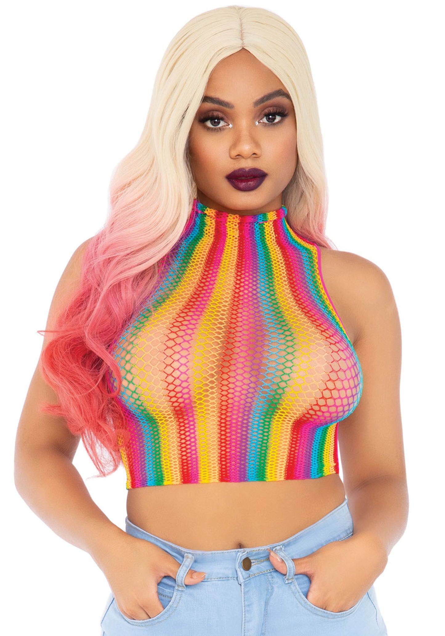 Leg Avenue 81610 Rainbow Net Crop Top - Multicoloured vertical striped high neck fishnet cropped top. Perfect for festivals.