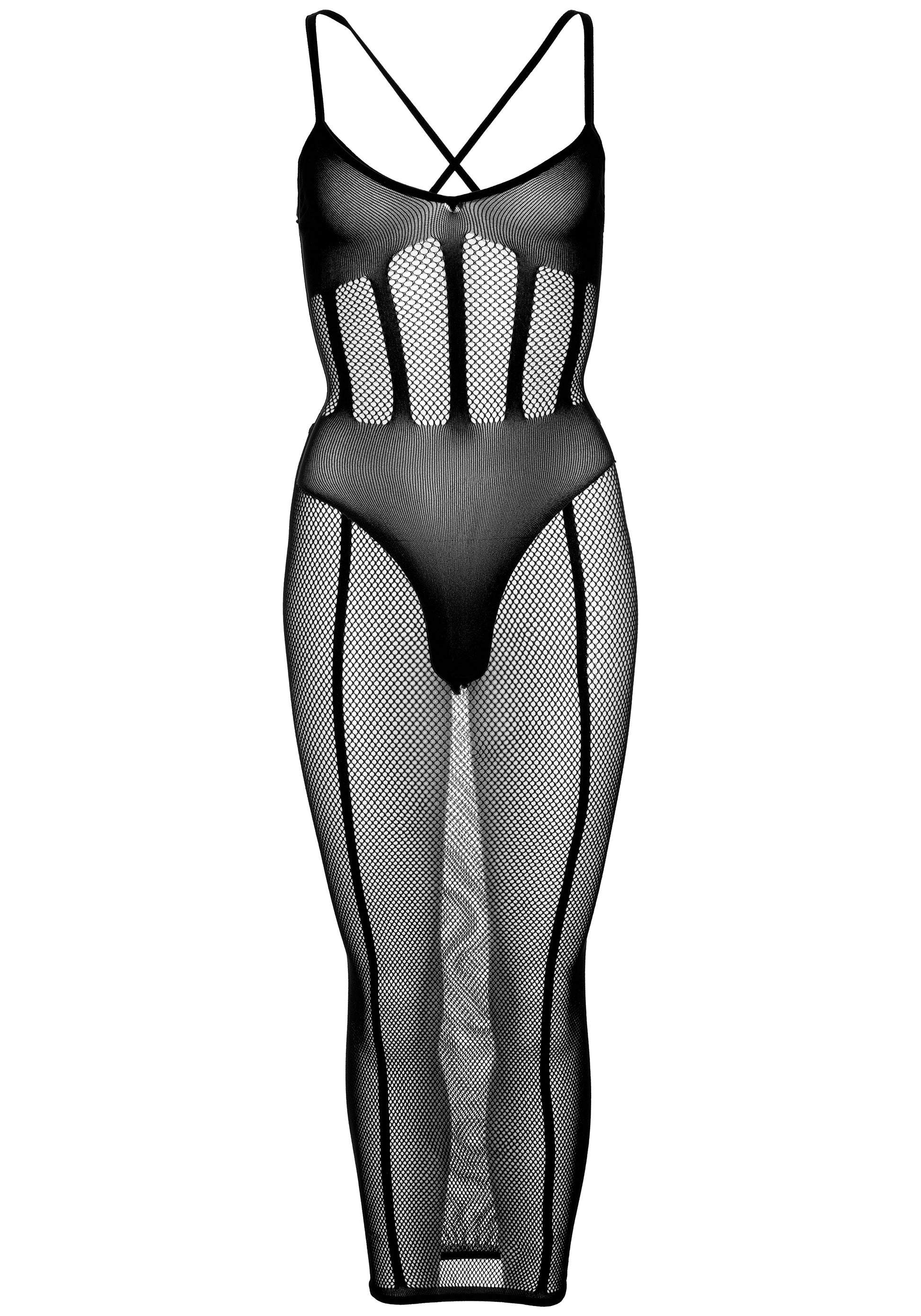 Leg Avenue 86967 Bodysuit & Skirt Set - Black fishnet body-top with thin criss-cross straps, opaque bra and thong panels and vertical stripes and matching midi fishnet skirt.