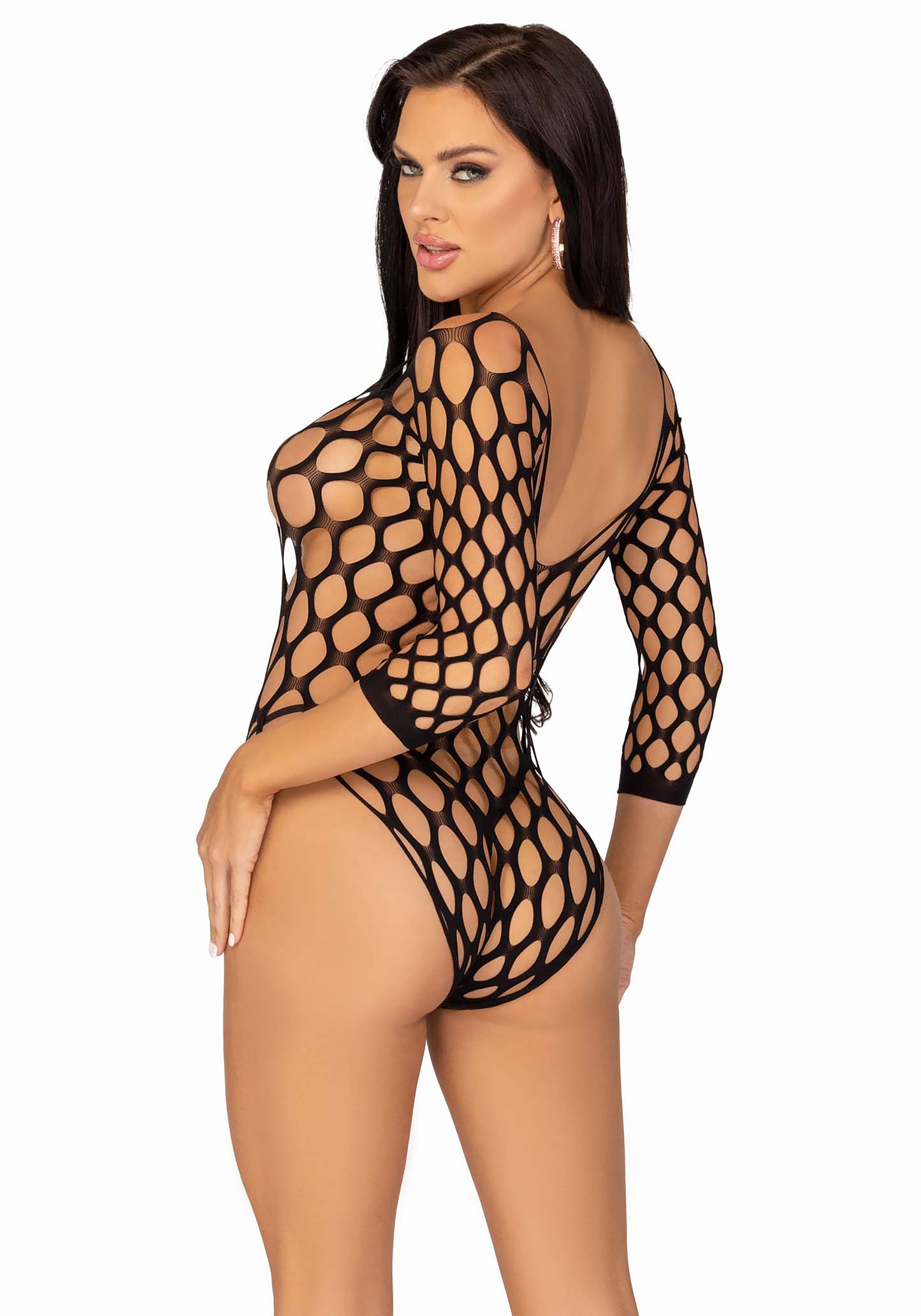 Leg Avenue 89252 Pothole Net Bodysuit - Black 3/4 length sleeved thick openwork fishnet body-top.