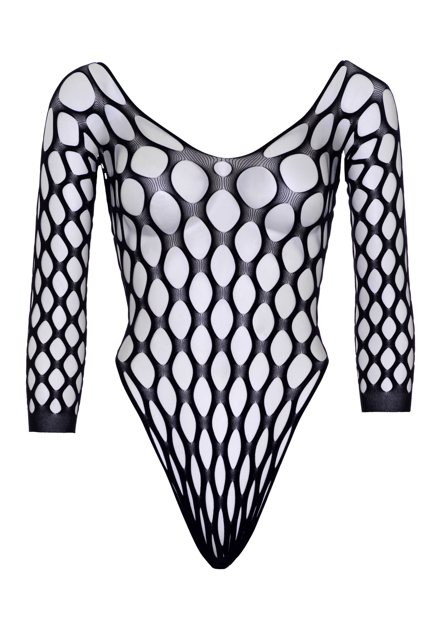 Leg Avenue 89252 Pothole Net Bodysuit - Black 3/4 length sleeved thick openwork fishnet body-top.