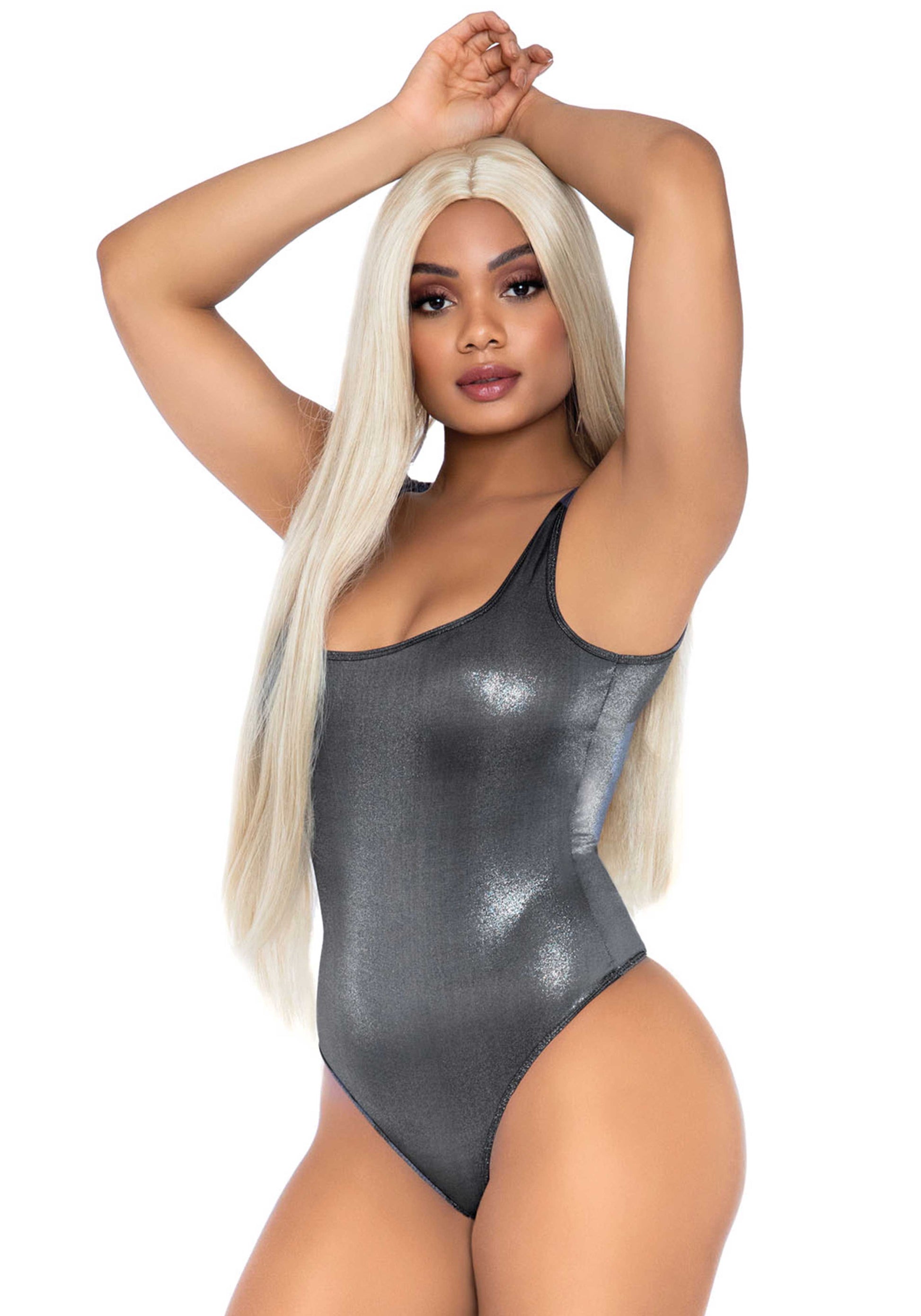 Leg Avenue 89265 Metallic Bodysuit - Black sleeveless tank body-top with an all over metallic silver micro dot print, thong back and snap fastener closures.