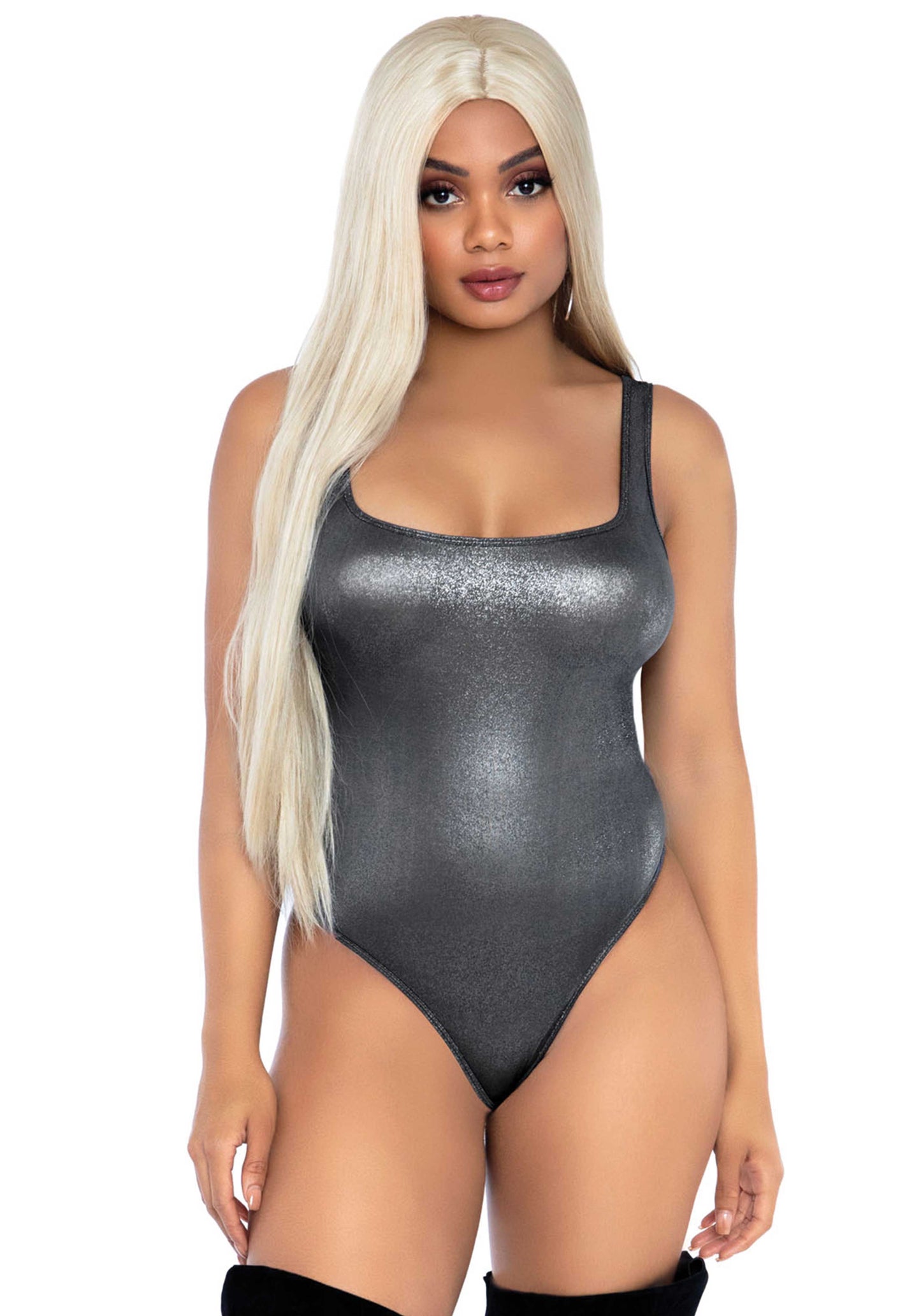 Leg Avenue 89265 Metallic Bodysuit - Black sleeveless tank body-top with an all over metallic silver micro dot print, thong back and snap fastener closures.