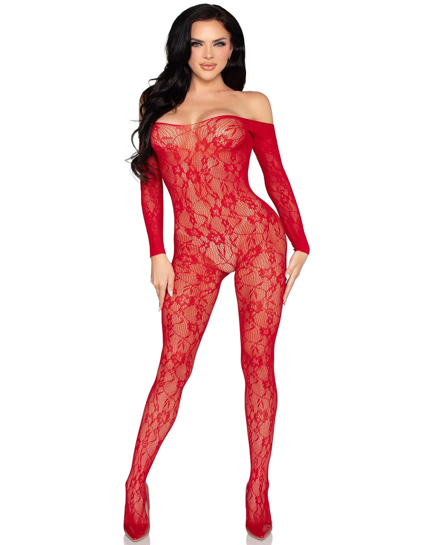A woman modeling a red off-the-shoulder lace bodystocking with long sleeves and high heels against a plain white background.