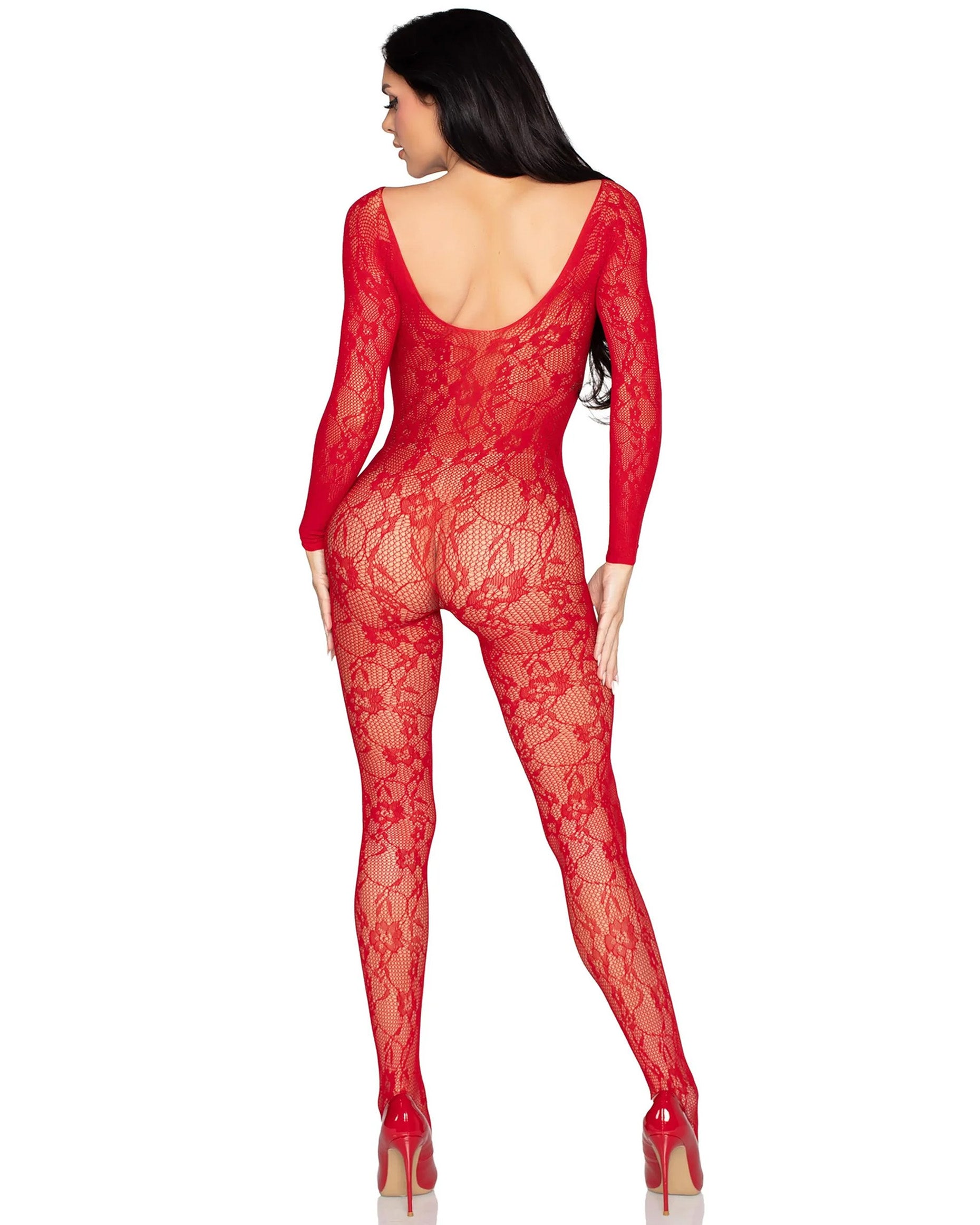 Red lace bodystocking worn by a model on a white background