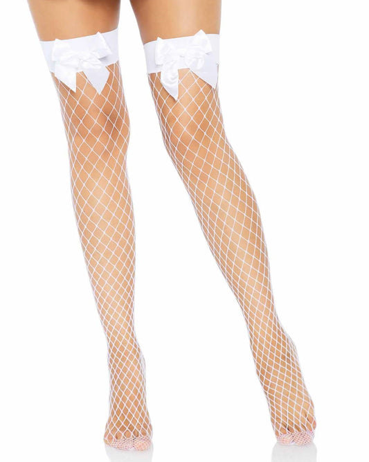 Leg Avenue Fishnet Bow Thigh Highs - White wide fence fishnet thigh-high socks with wide elasticated cuff and satin bows. 