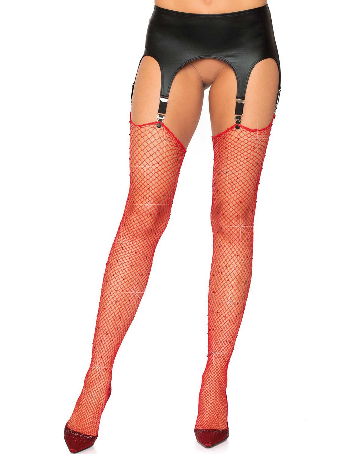 Leg Avenue 9124 Rhinestone Fishnet Stockings - Red diamond fishnet stockings for suspender belt with diamante' jewel crystals dotted all over and an unfinished top