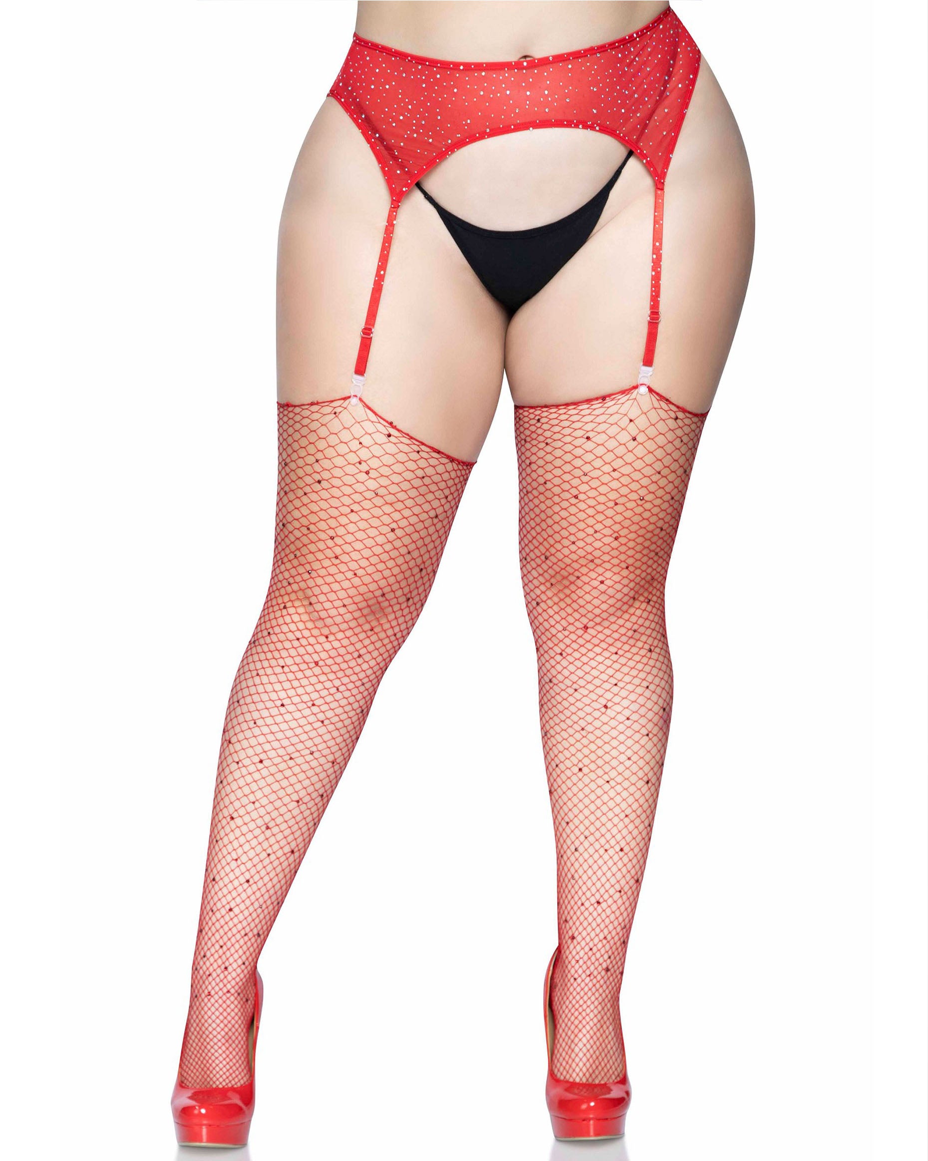 Leg Avenue 9124X Rhinestone Fishnet Stockings - Red plus size curvy diamond fishnet stockings for suspender belt with diamante' jewel crystals dotted all over and an unfinished top