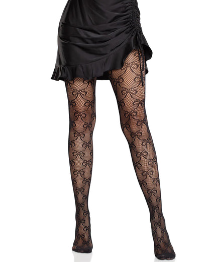 Leg Avenue 9236 Bow Net Tights - Black openwork fashion fishnet socks with an all over bow style pattern and reinforced toes. Worn with a black satin ruffles edge trim and draw string.