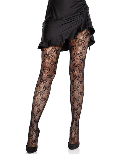 Leg Avenue 9236 Bow Net Tights - Black openwork fashion fishnet socks with an all over bow style pattern and reinforced toes. Worn with a black satin ruffled edge trim skirt and stilettos.