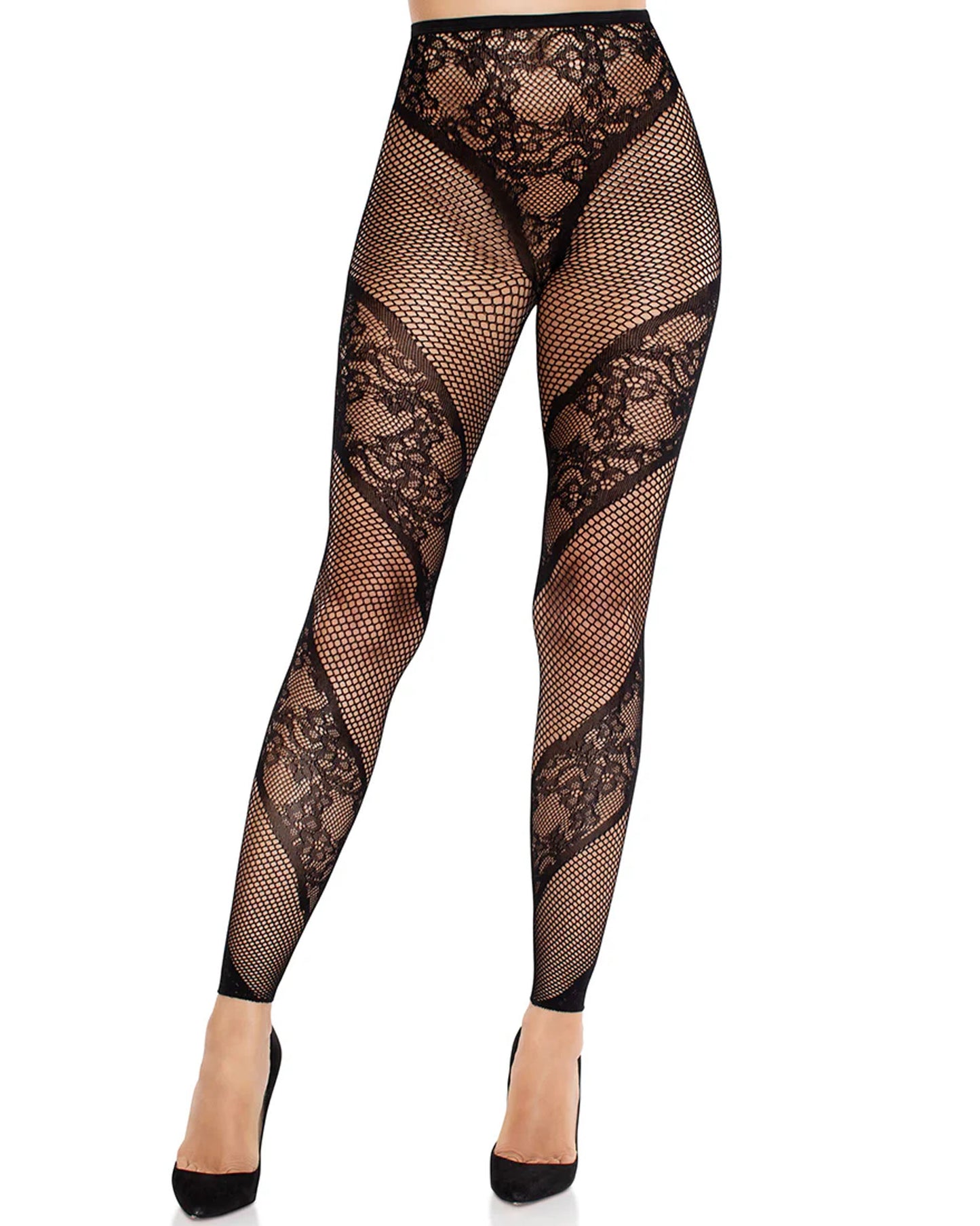 Leg Avenue Lace & Net Illusion Footless Tights - Black openwork fashion fishnet footless tights with a floral lace spiral stripe panels and floral lace thong panty top and seamless body. Worn with black stilettos.