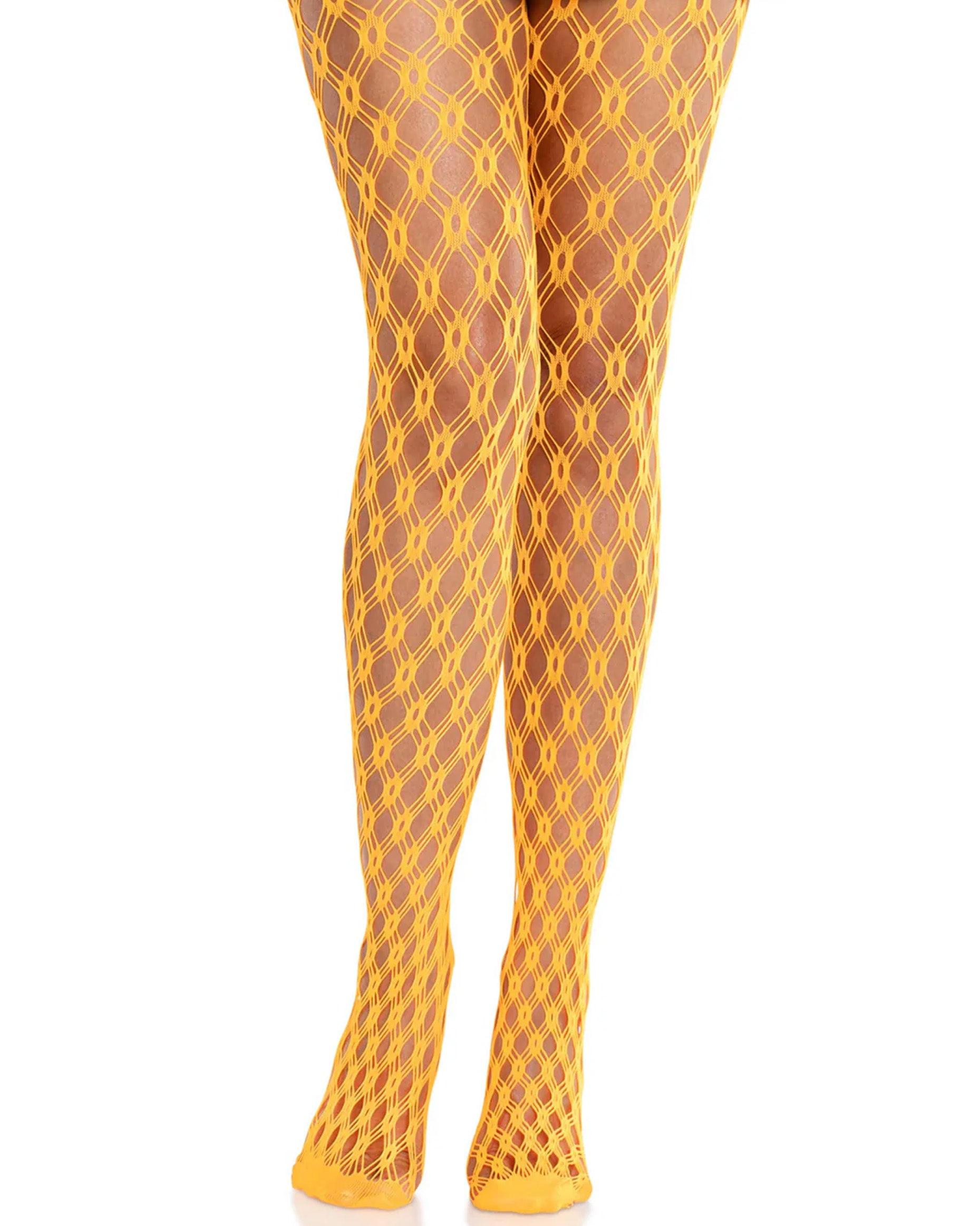 Leg Avenue 9241 Eyelet Net Tights - Bright neon orange coloured crochet style openwork fishnet tights with a diamond crochet style pattern and reinforced toes.