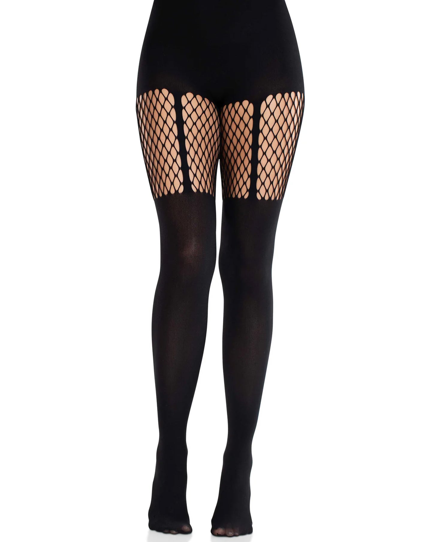 Leg Avenue Garter Illusion Net Pantyhose - Black fashion tights with an opaque stocking and suspender/garter belt effect with fishnet on the top.