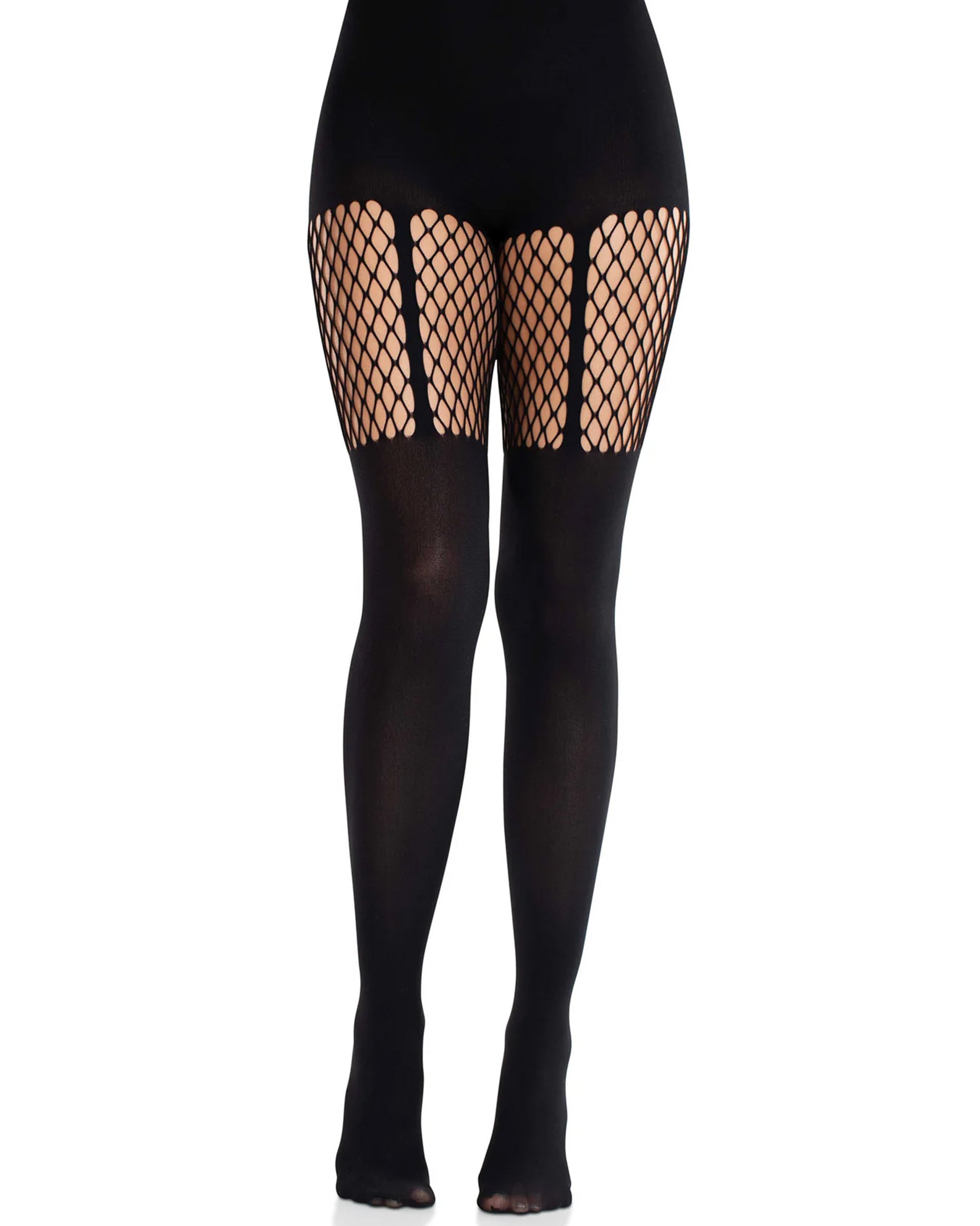 Leg Avenue Garter Illusion Net Pantyhose - Black fashion tights with an opaque stocking and suspender/garter belt effect with fishnet on the top.