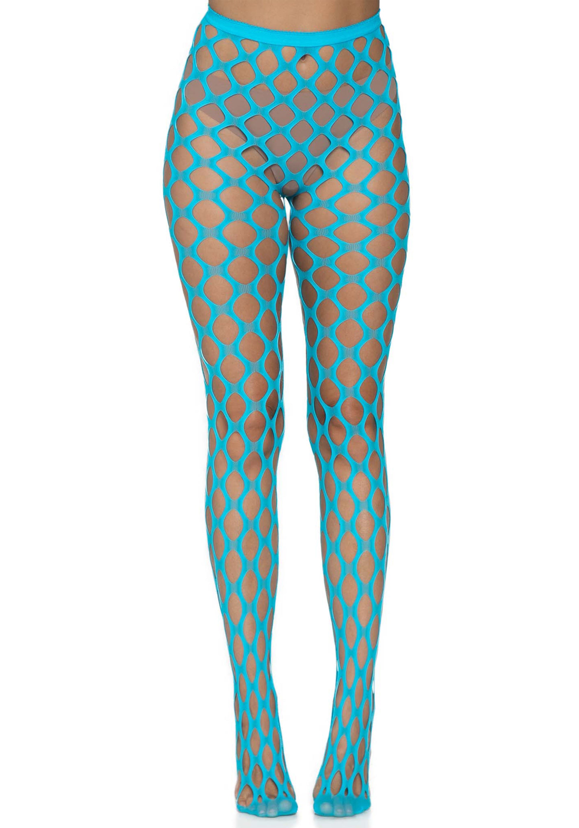 Leg Avenue 9331 Pothole Fishnets - Bright neon blue wide thick circular fishnet tights with micro mesh toe and seamless body. Perfect for festivals, clubs and raves.