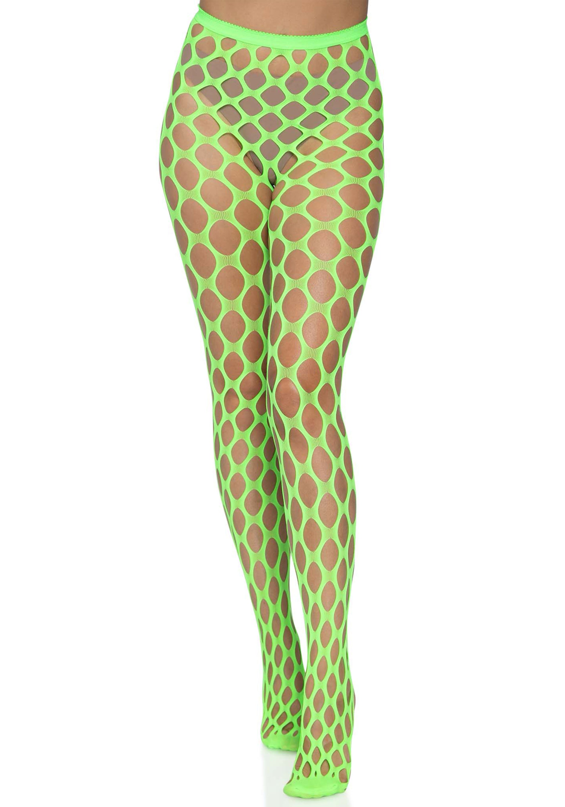 Leg Avenue 9331 Pothole Fishnets - Bright neon green wide thick circular fishnet tights with micro mesh toe and seamless body. Perfect for festivals, clubs and raves.