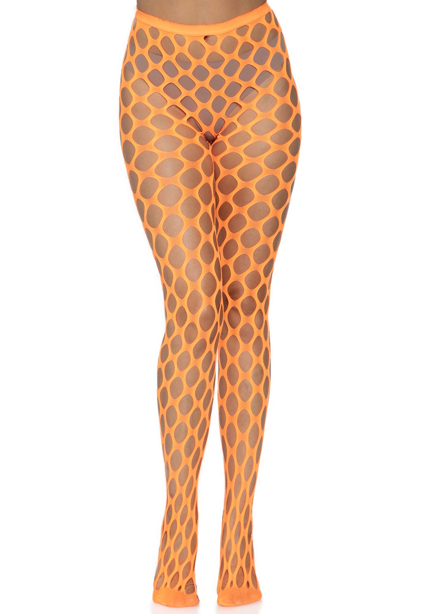 Leg Avenue 9331 Pothole Fishnets - Bright neon orange wide thick circular fishnet tights with micro mesh toe and seamless body. Perfect for festivals, clubs and raves.