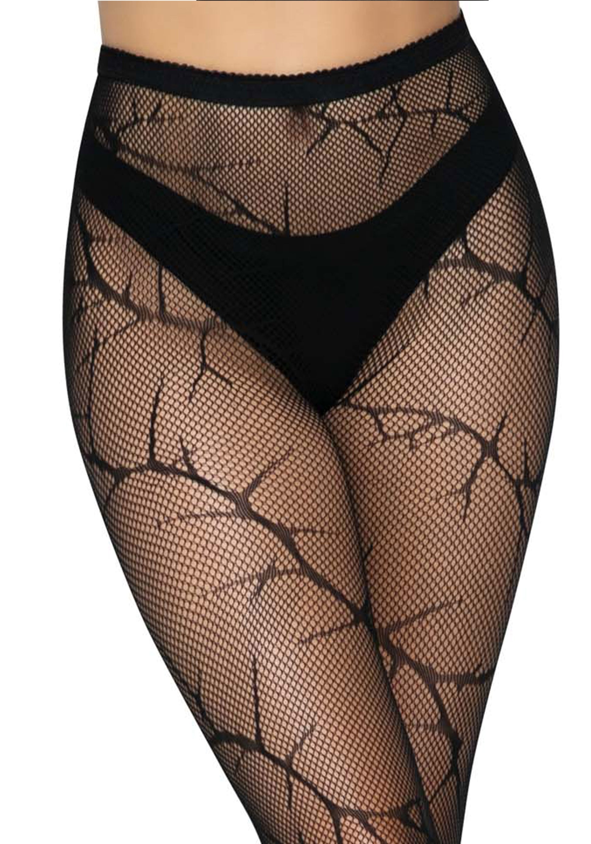 Leg Avenue 9724 Cracked Fishnet Tights Detail - Black openwork fishnet tights with a broken crackled crack style pattern.