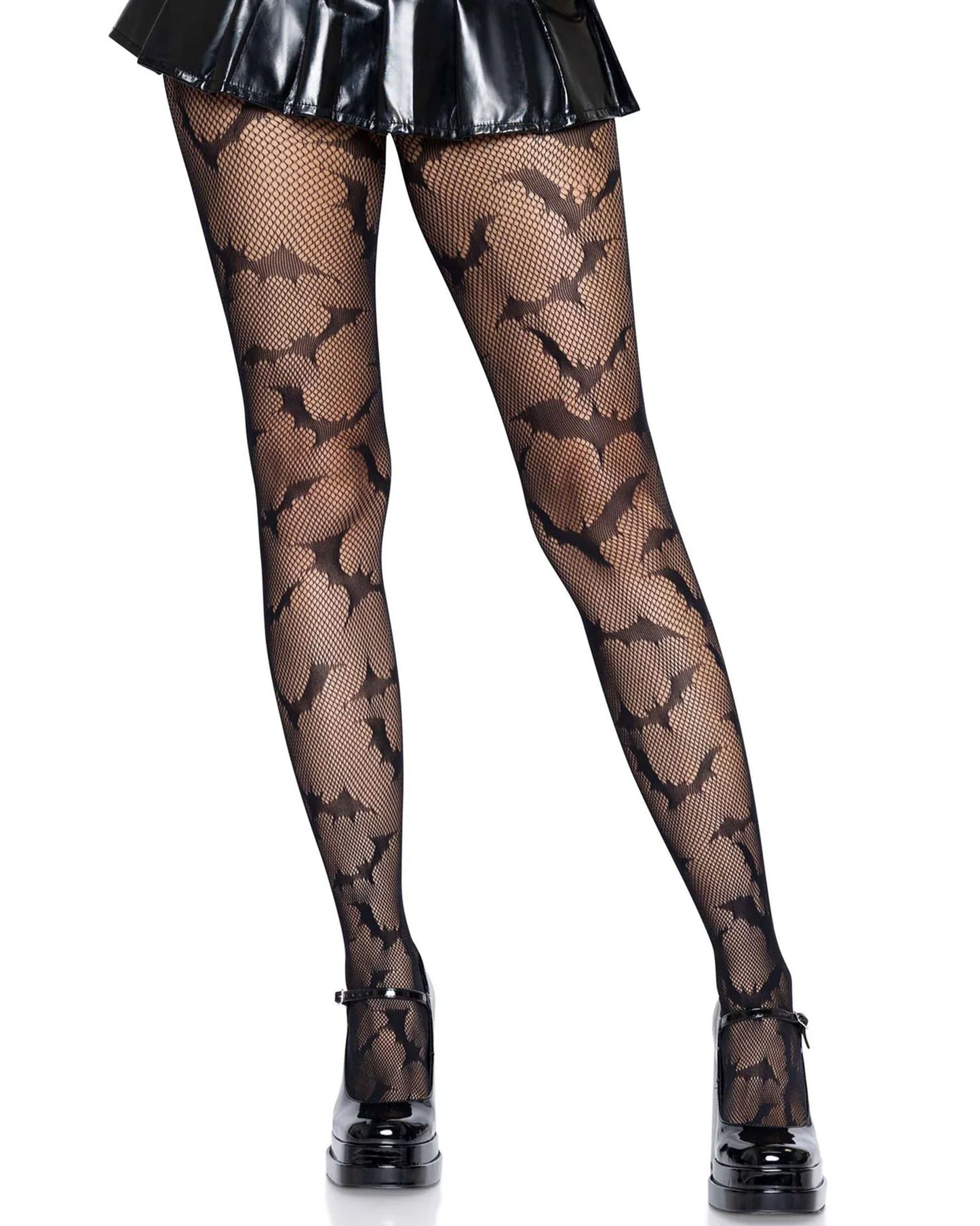 Black openwork fishnet tights with an all over flying bats pattern, seamless body and reinforced toes. Worn with faux leather skater skirt and mary jane shoes.