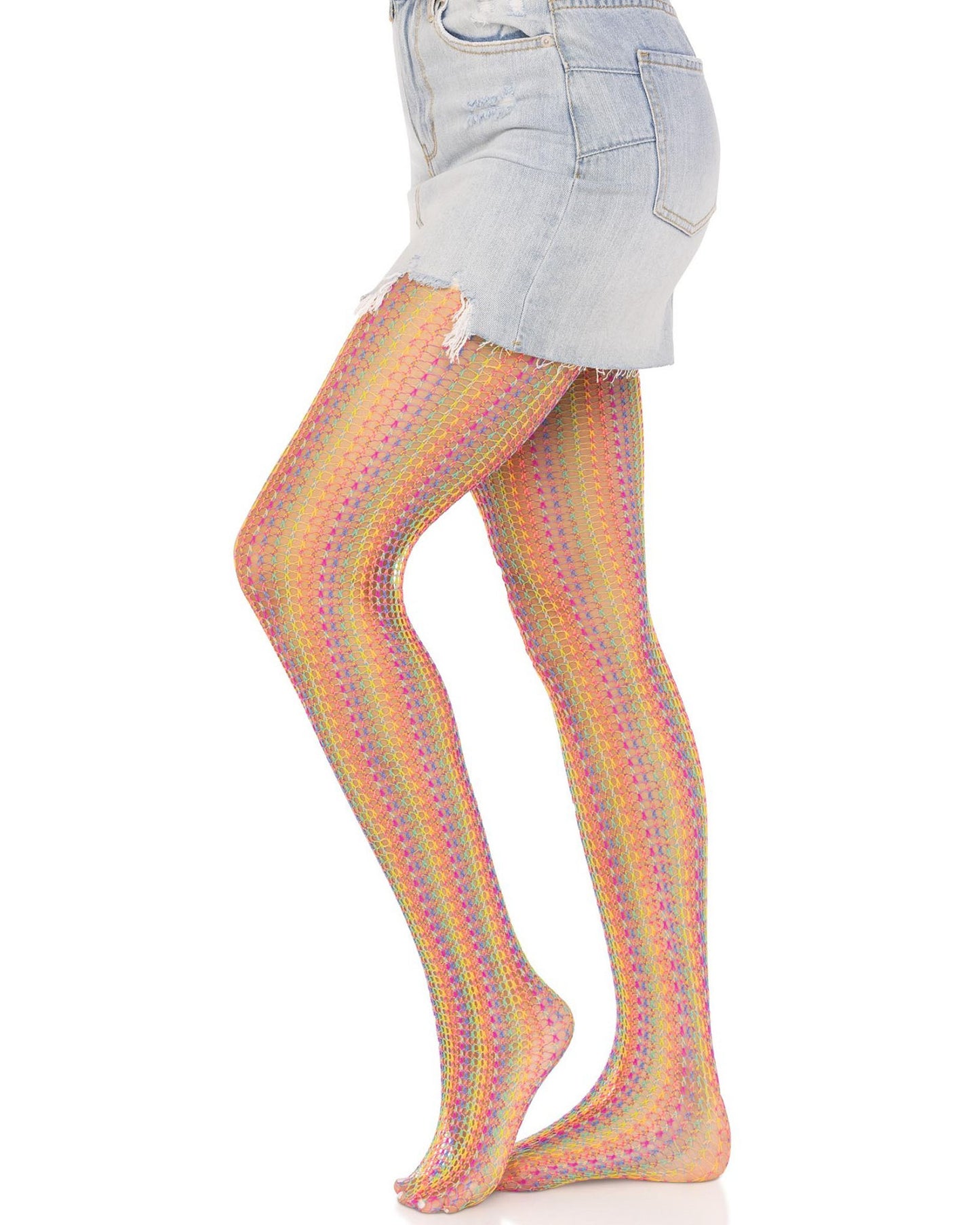 Leg Avenue 9732 Rainbow Crochet Net Tights - Openwork fashion tights with multicoloured vertical crochet style stripes. Side view. Worn with light denim mini skirt.