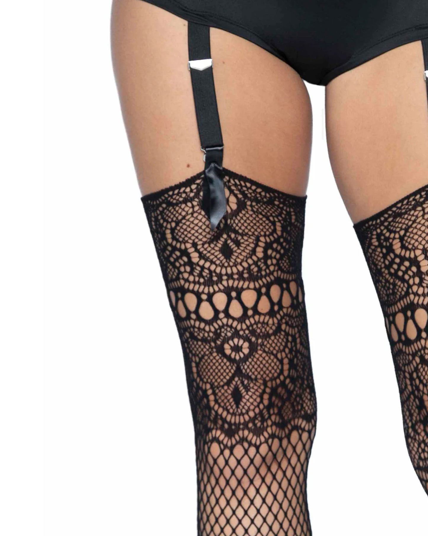 Leg Avenue 9901 Fishnet Backseam Stockings Wit Lace Top - Black openwork fishnet stockings with a deep crochet lace style top and back-seam.