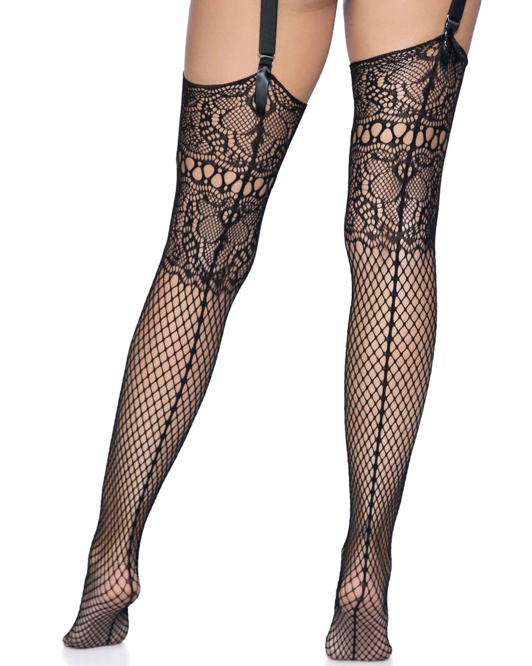 Leg Avenue 9901 Fishnet Backseam Stockings Wit Lace Top - Black openwork fishnet stockings with a deep crochet lace style top and back-seam. Back view.
