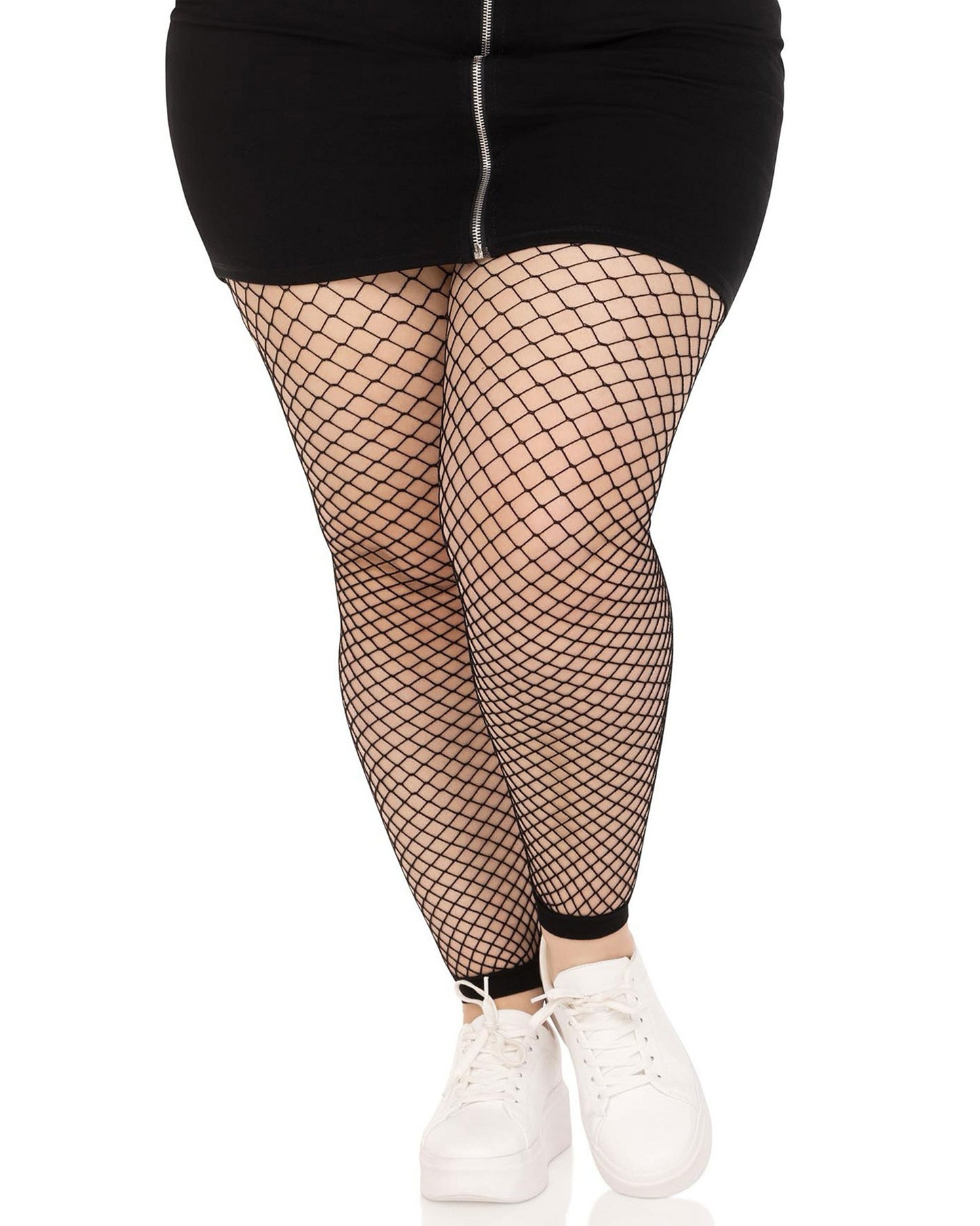 Leg Avenue - Industrial Net Footless Tights - Black diamond fishnet footless tights with high waist and deep elasticated cuff. Worn by a plus size model with black skirt and white sneakers.