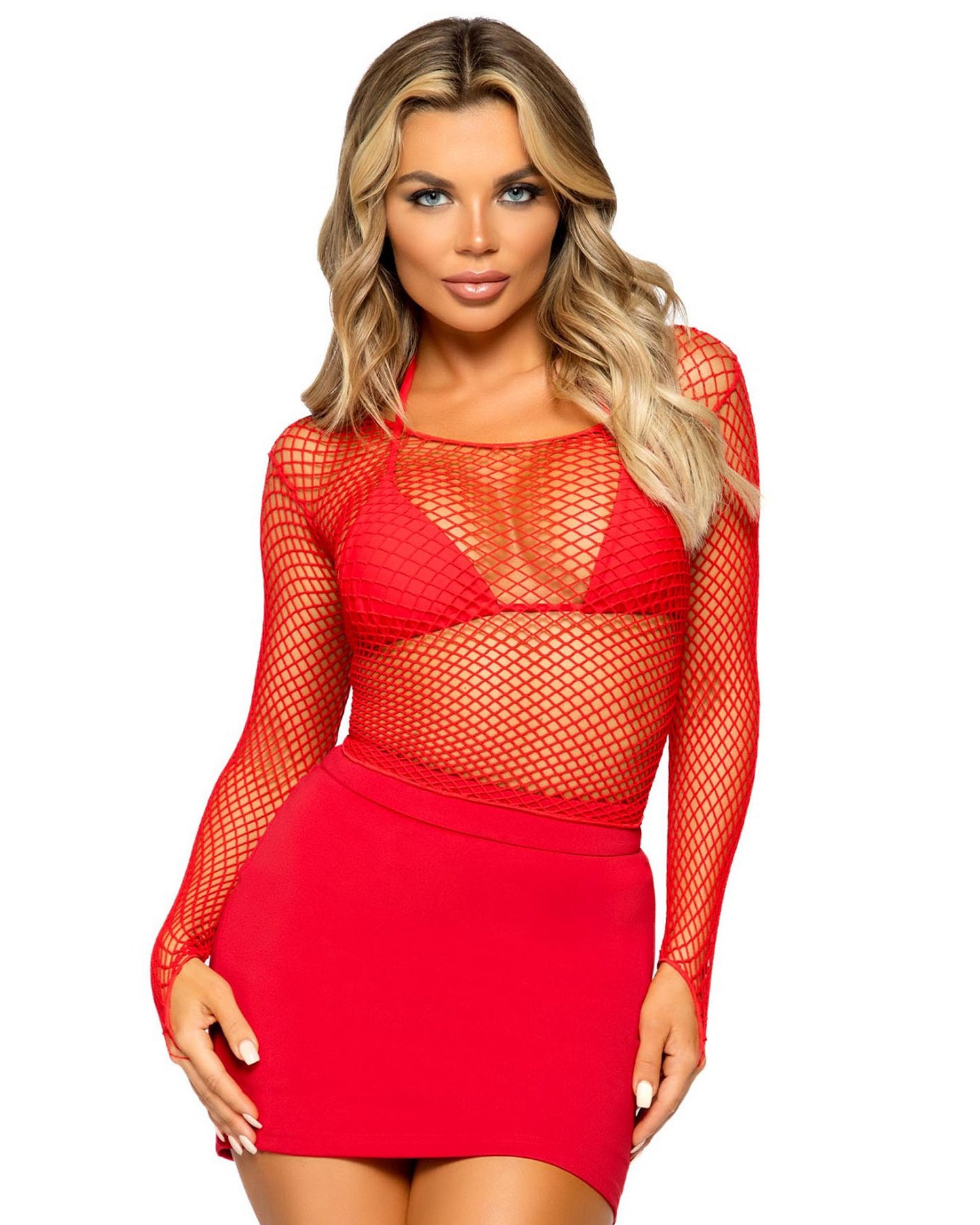 Leg Avenue 8278 Long Sleeves T-Shirts - red fishnet mesh top worn with red bikini and red mini skirt