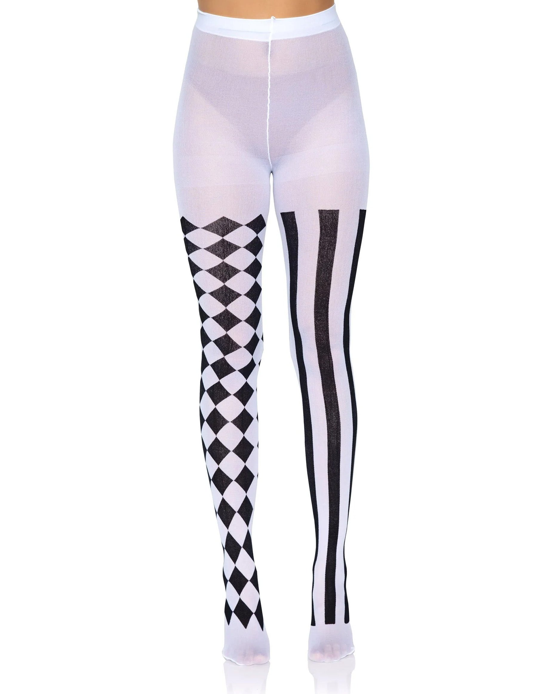 Leg Avenue 7720 Harlequin Tights - White opaque tights with a black print, one leg has vertical stripes and the other is a checkered pattern. Perfect for Halloween.