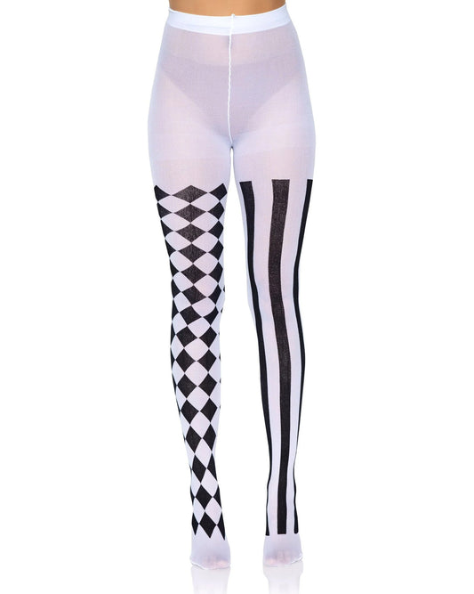 Leg Avenue 7720 Harlequin Tights - White opaque tights with a black print, one leg has vertical stripes and the other is a checkered pattern. Perfect for Halloween.