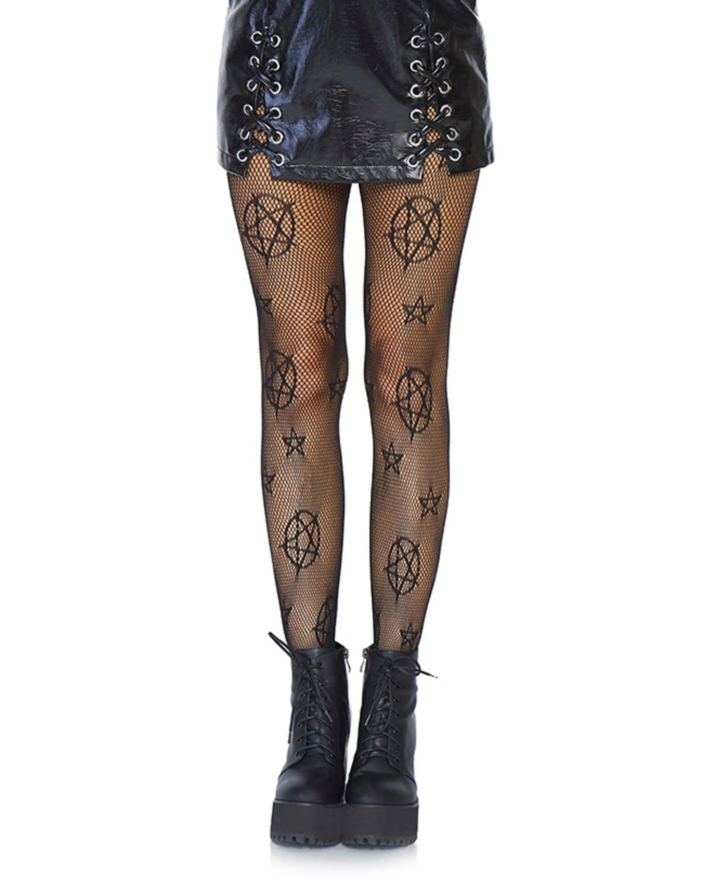 Leg Avenue Occult Net Pantyhose - Black micro fishnet fashion tights with a stars and pentagram all over pattern. Worn with black lace up platform boots and leather mini skirt. Front view.