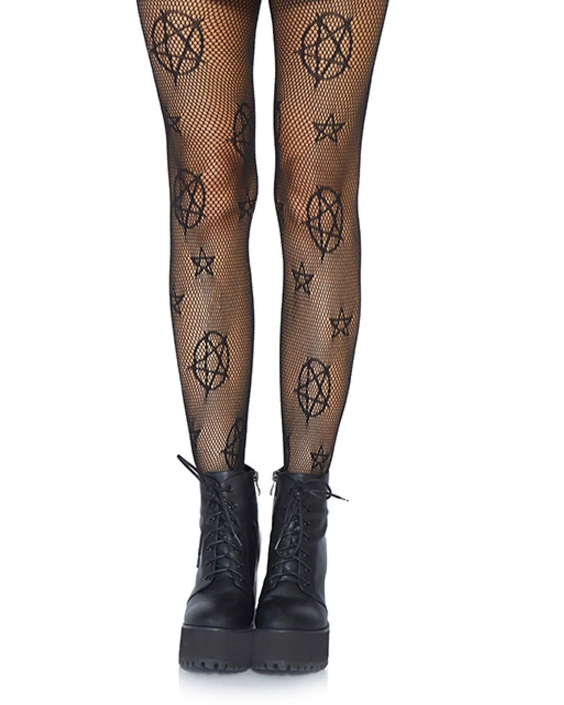 Leg Avenue Occult Net Pantyhose - Black micro fishnet fashion tights with a stars and pentagram all over pattern. Worn with black lace up platform boots.