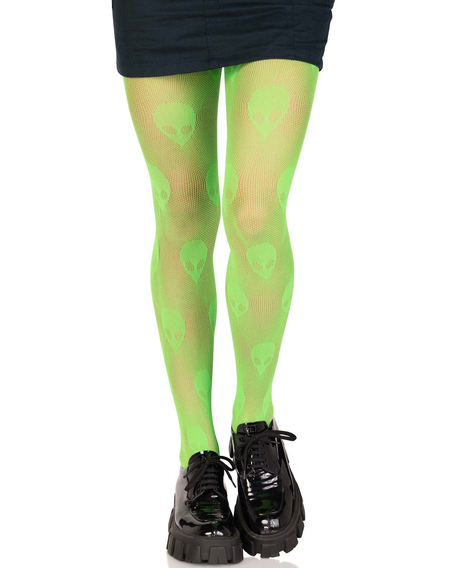 Leg Avenue 9728 Alien Net Tights - Bright neon green fashion fishnet tights with alien head design pattern. Worn with a black mini skirt and chunky black patent shoes.