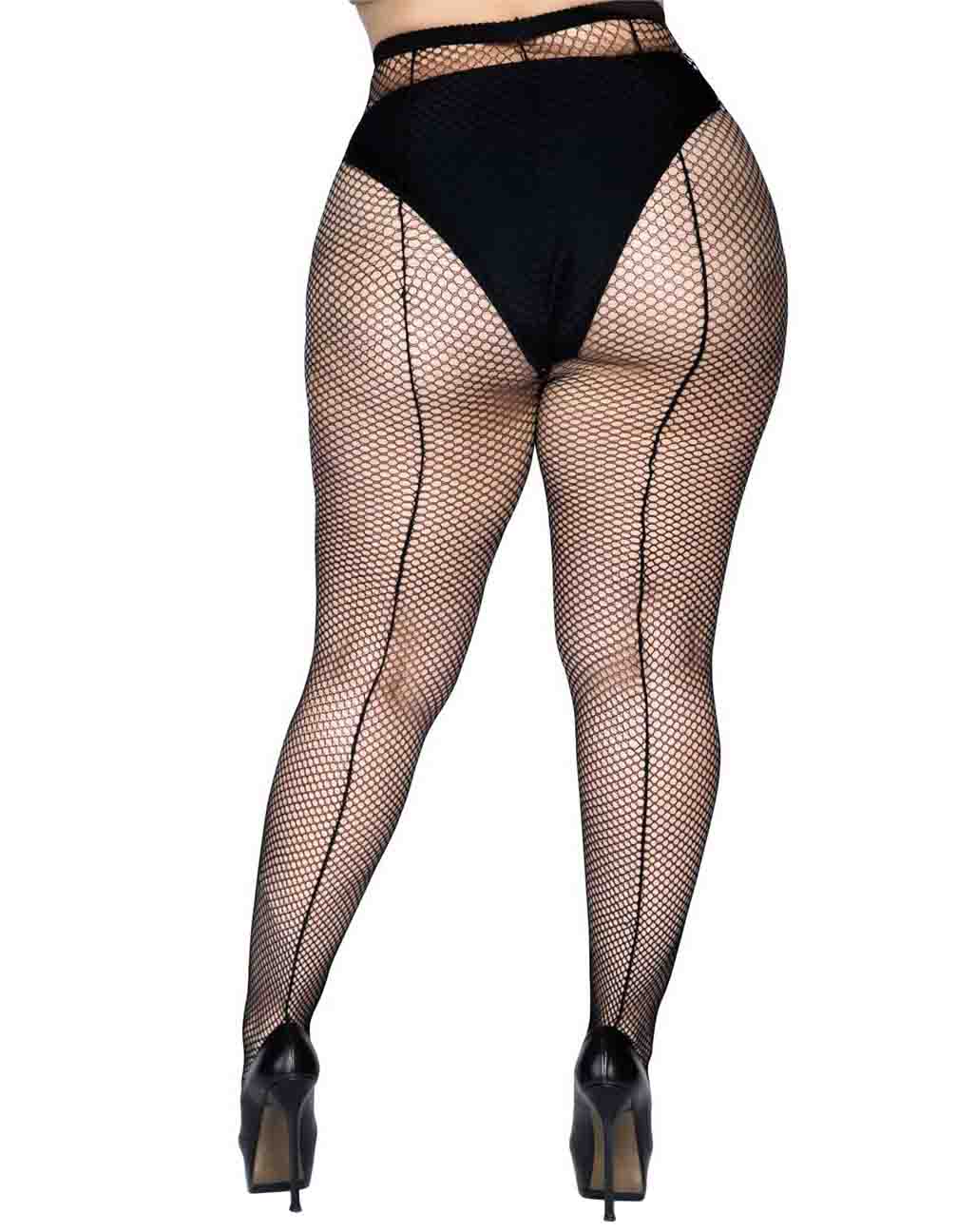 Leg Avenue 9015q Backseam Fishnet Pantyhose - Black plus size seamed net tights with a stripe / line up the back.